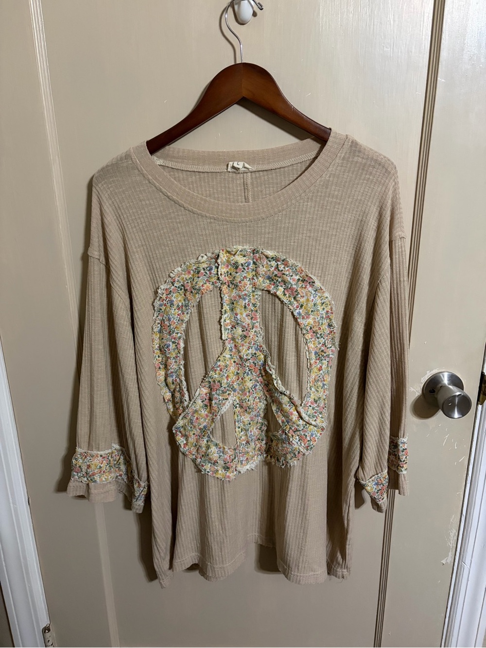 POL Beige Long Sleeve Top with Floral Peace Sign Appliqué